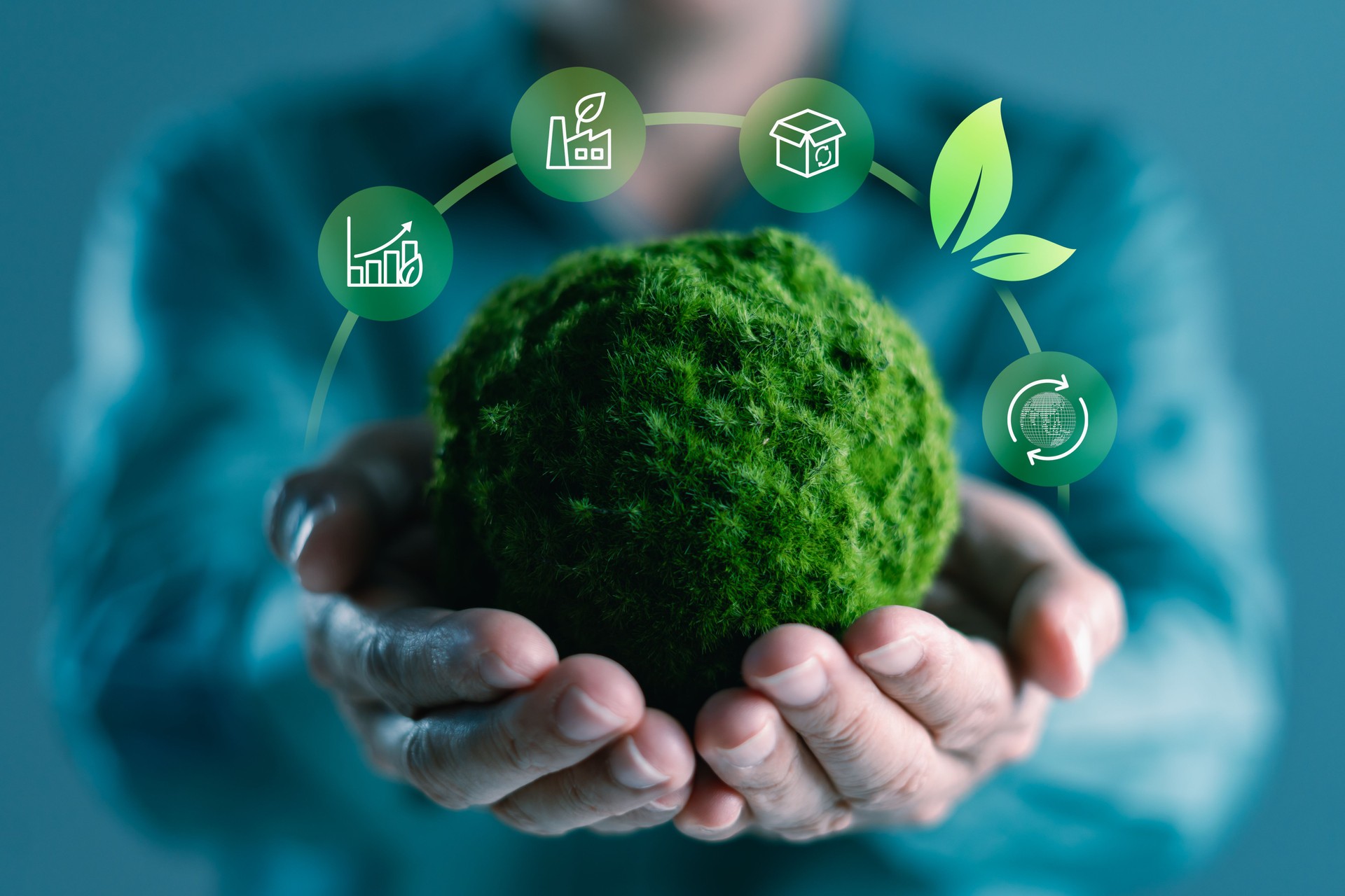 Green moss globe in hands with sustainability icons symbolizing circular economy, green industry, eco business solutions, and environmental conservation