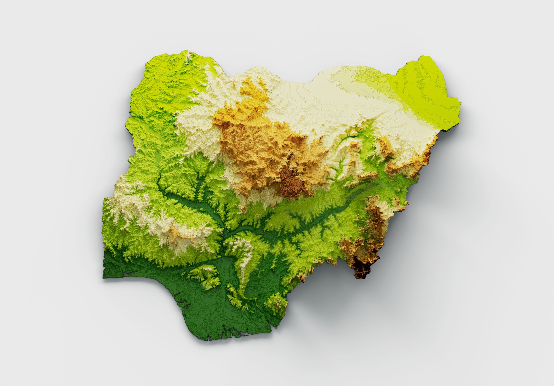 Nigeria Map Shaded relief Color Height map on white Background 3d illustration
